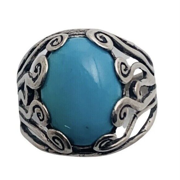 Blue Turquoise 925 Sterling Silver Ring Size 10 Firoza Israel Cabochon - Picture 9 of 16